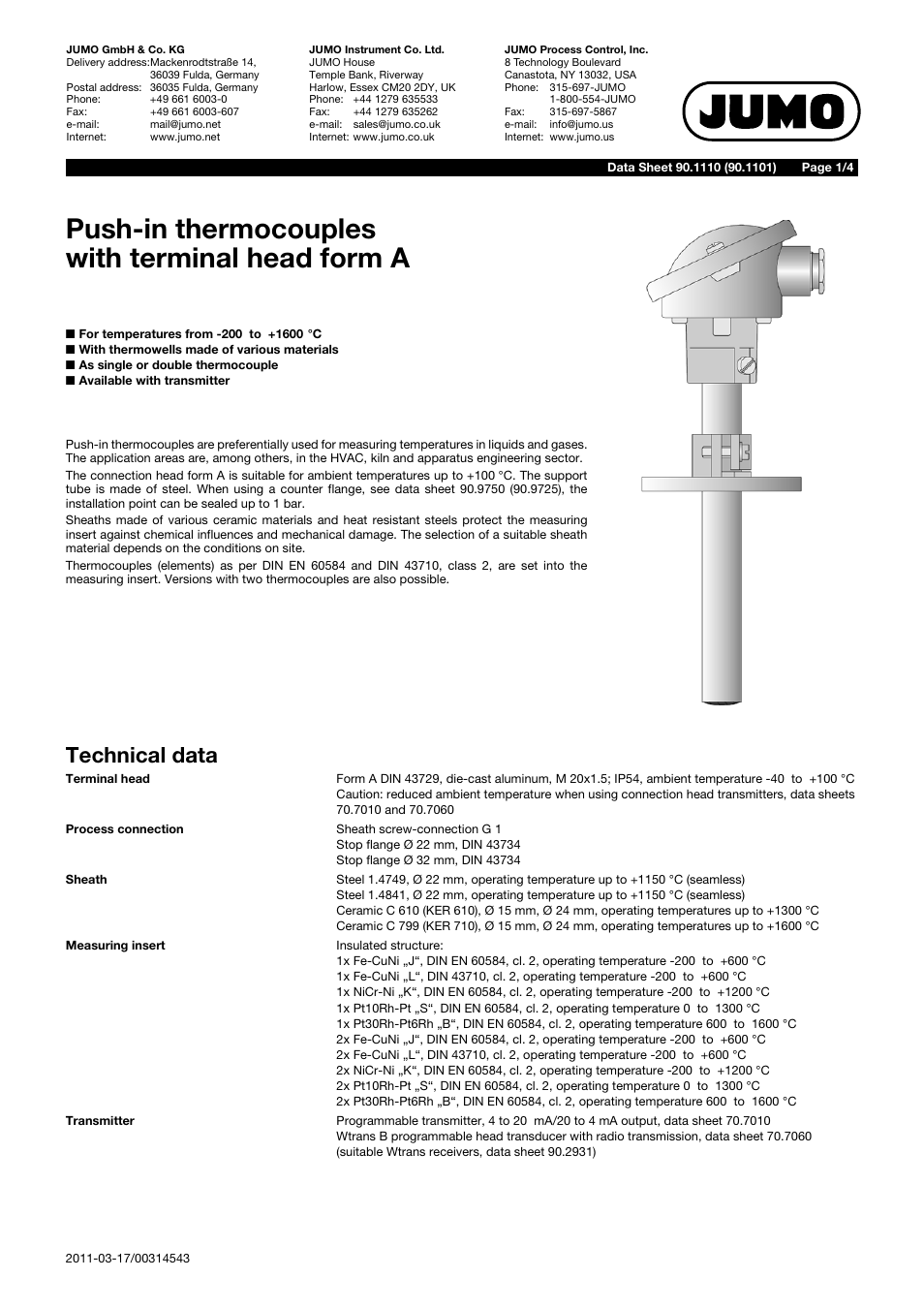 JUMO 901110 Push-in Thermocouples with Form A Terminal Head Data Sheet User Manual | 4 pages