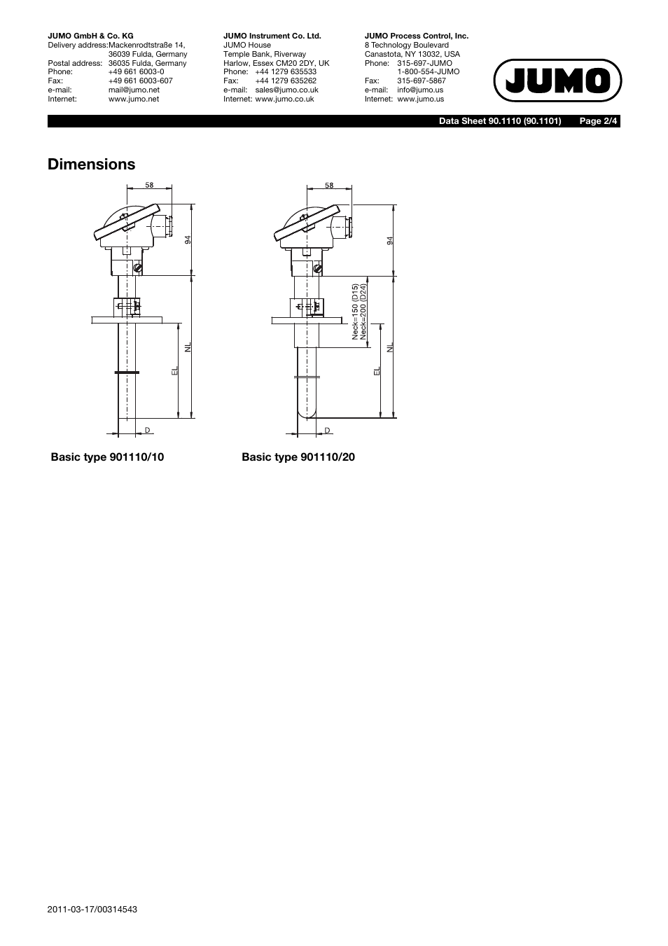 Dimensions | JUMO 901110 Push-in Thermocouples with Form A Terminal Head Data Sheet User Manual | Page 2 / 4