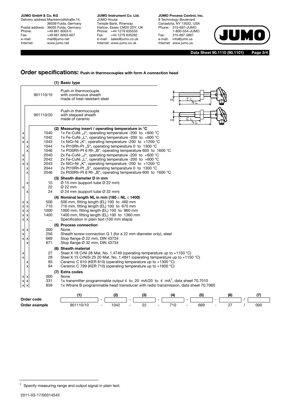 Order specifications | JUMO 901110 Push-in Thermocouples with Form A Terminal Head Data Sheet User Manual | Page 3 / 4