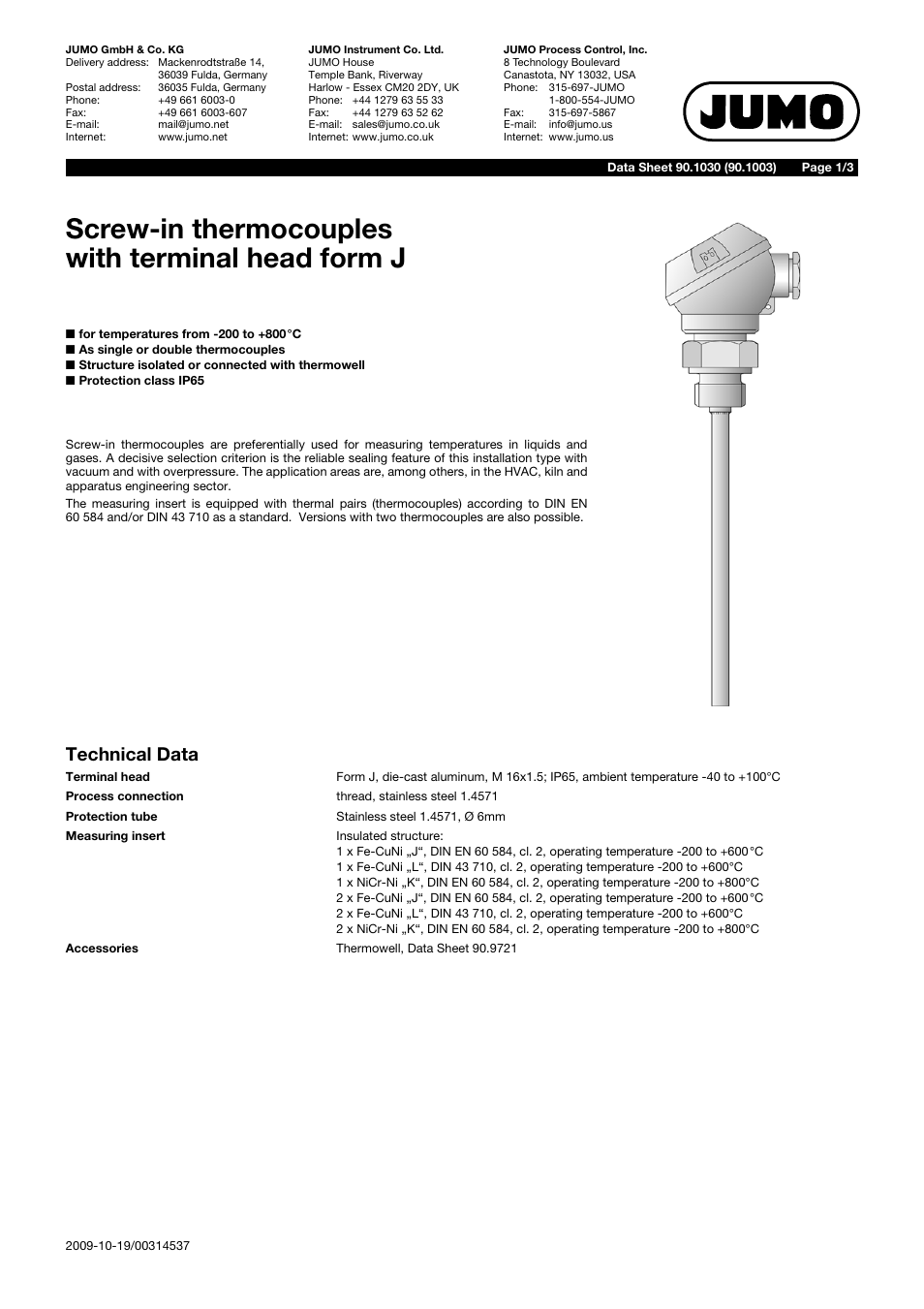 JUMO 901030 Screw-In Thermocouples with Form J Terminal Head Data Sheet User Manual | 3 pages