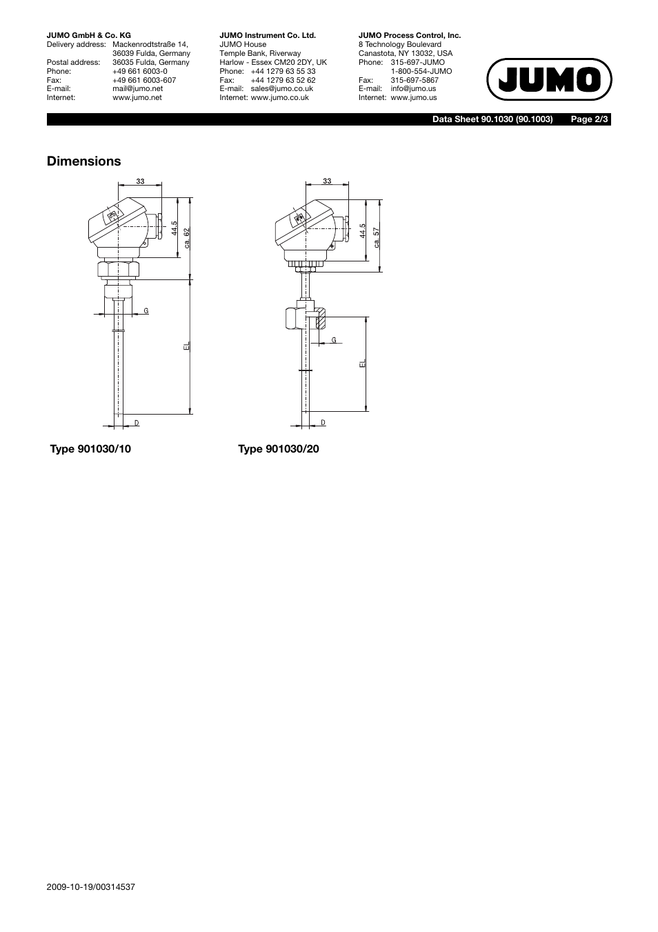 Dimensions | JUMO 901030 Screw-In Thermocouples with Form J Terminal Head Data Sheet User Manual | Page 2 / 3