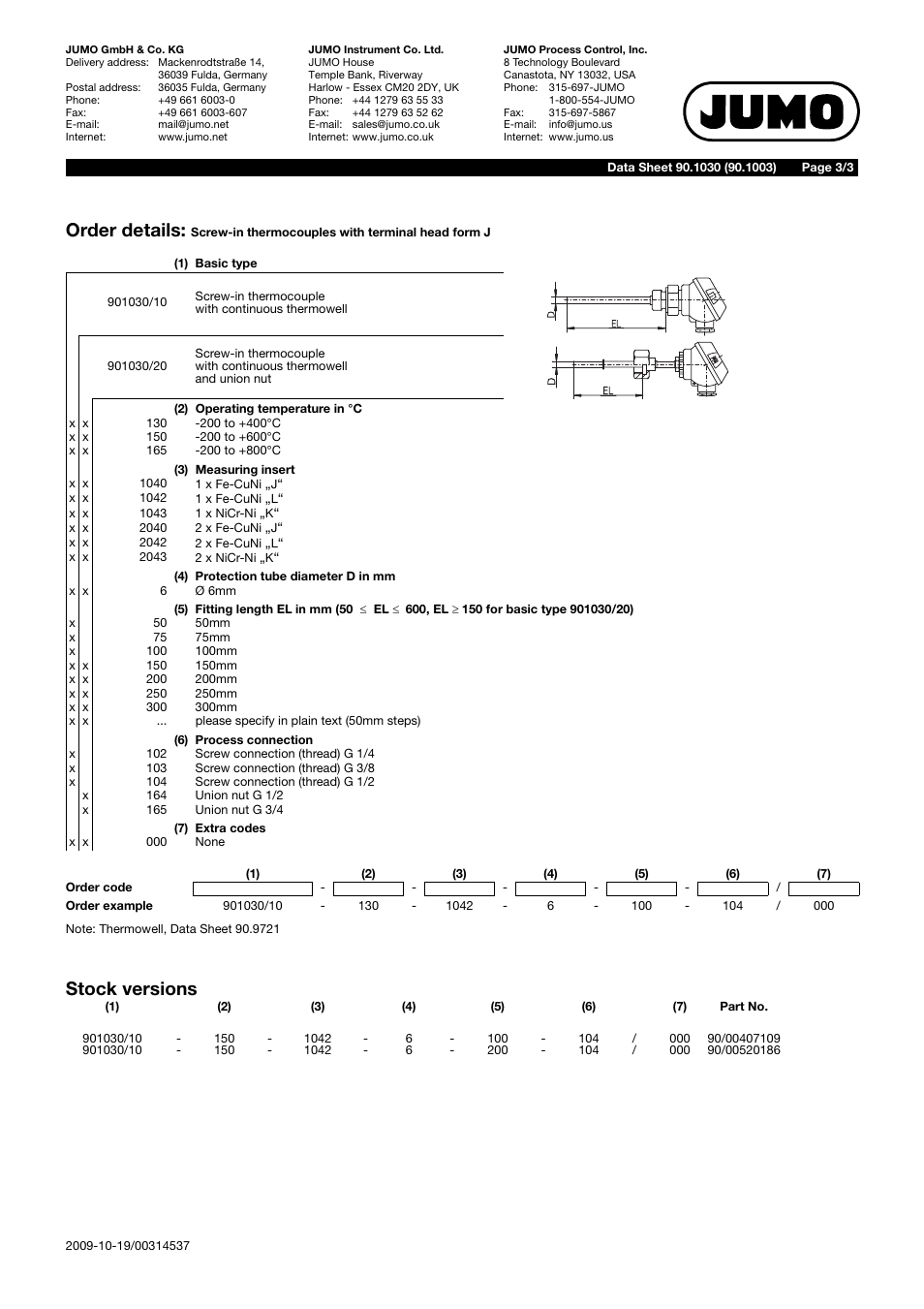 Stock versions order details | JUMO 901030 Screw-In Thermocouples with Form J Terminal Head Data Sheet User Manual | Page 3 / 3
