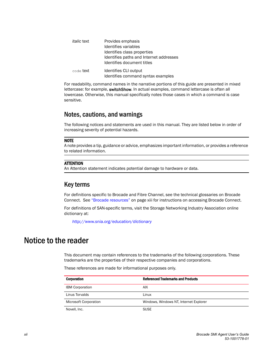 Notes, cautions, and warnings, Key terms, Notice to the reader | Brocade Communications Systems 53-1001778-01 User Manual | Page 12 / 90