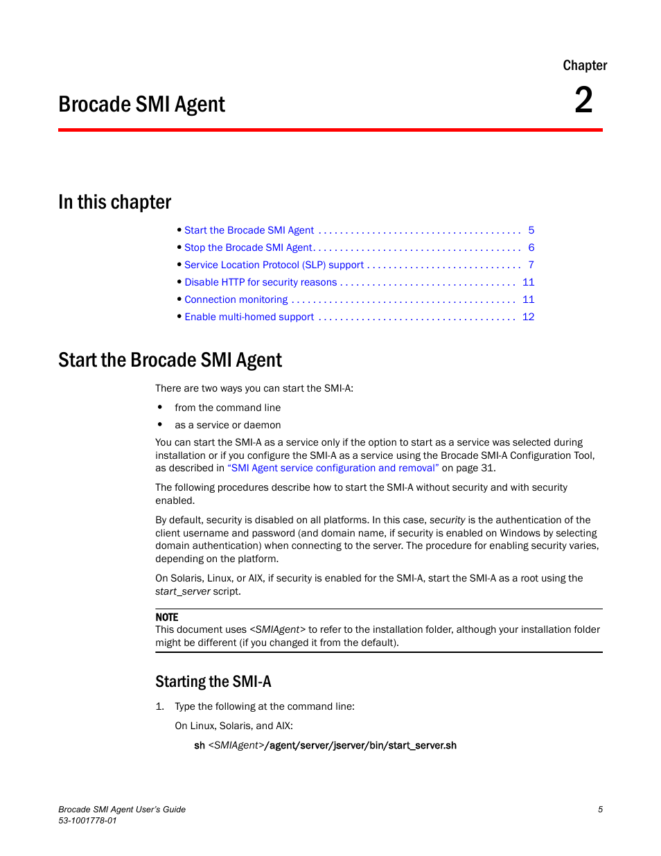 Brocade smi agent, In this chapter, Start the brocade smi agent | Starting the smi-a, Chapter 2, Chapter 2, “brocade smi agent | Brocade Communications Systems 53-1001778-01 User Manual | Page 21 / 90