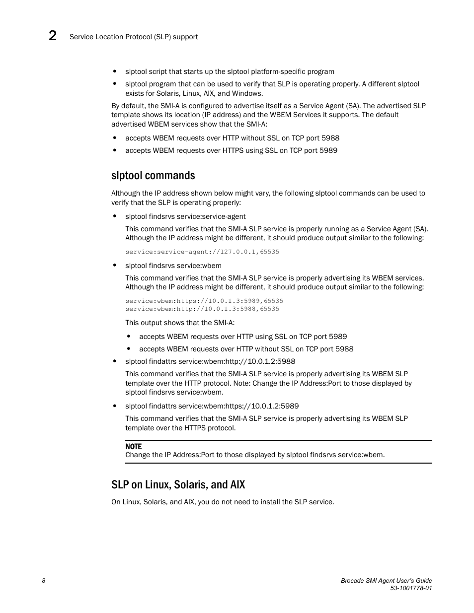 Slptool commands, Slp on linux, solaris, and aix, Slptool commands slp on linux, solaris, and aix | Brocade Communications Systems 53-1001778-01 User Manual | Page 24 / 90