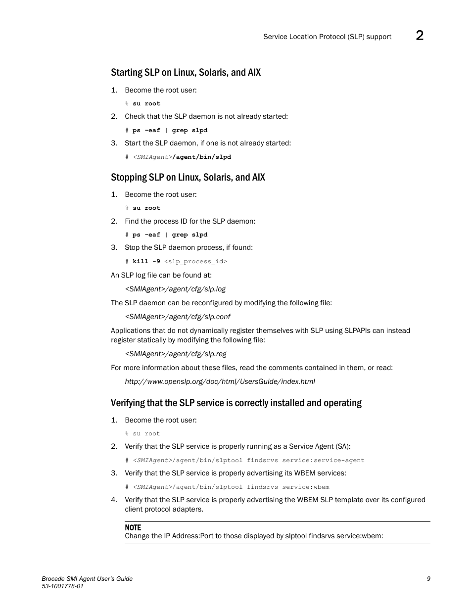 Starting slp on linux, solaris, and aix, Stopping slp on linux, solaris, and aix | Brocade Communications Systems 53-1001778-01 User Manual | Page 25 / 90