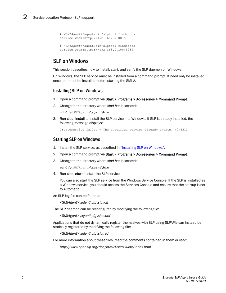 Slp on windows, Installing slp on windows, Starting slp on windows | Brocade Communications Systems 53-1001778-01 User Manual | Page 26 / 90