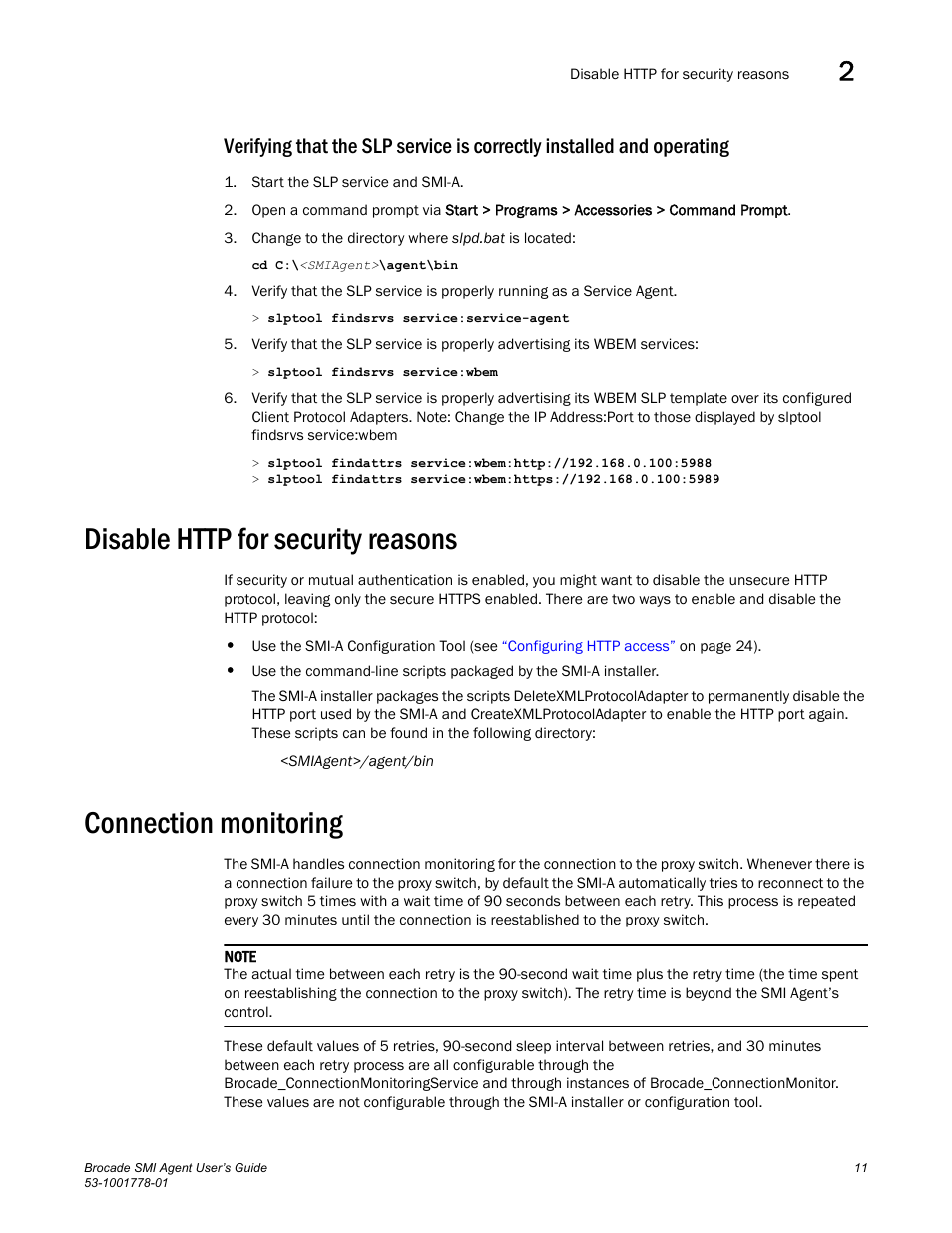 Disable http for security reasons, Connection monitoring | Brocade Communications Systems 53-1001778-01 User Manual | Page 27 / 90