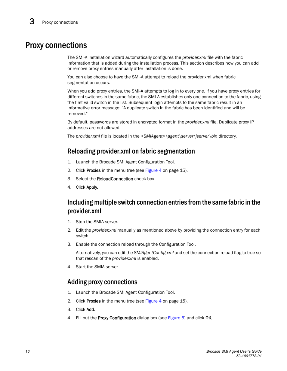 Proxy connections, Reloading provider.xml on fabric segmentation, Adding proxy connections | Brocade Communications Systems 53-1001778-01 User Manual | Page 32 / 90
