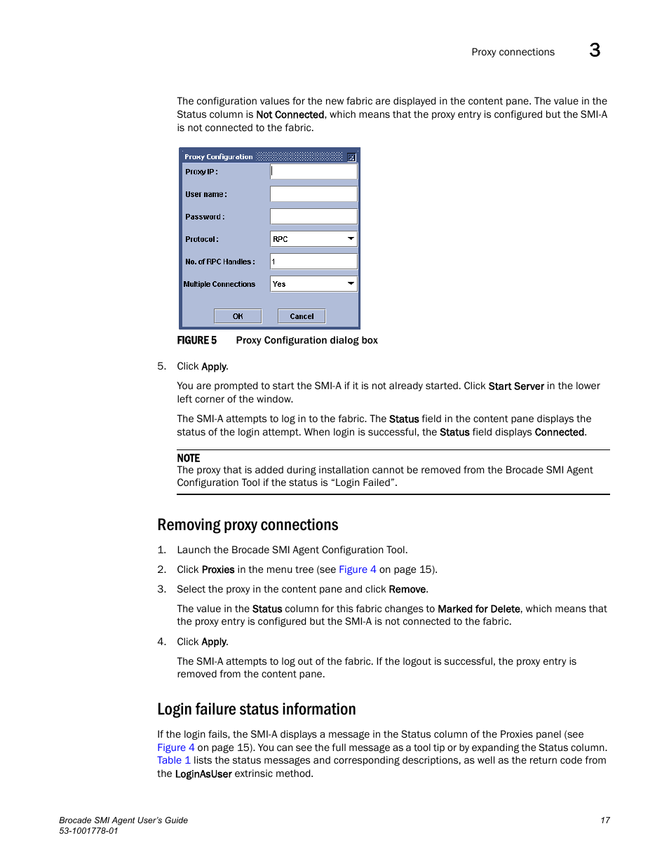 Removing proxy connections, Login failure status information, Figure 5 | Brocade Communications Systems 53-1001778-01 User Manual | Page 33 / 90