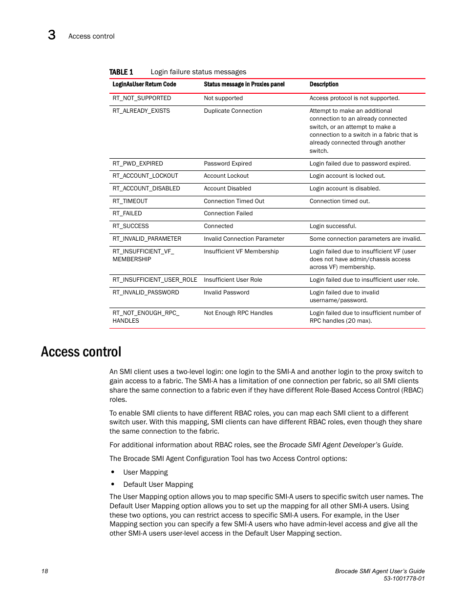 Access control, Table 1 | Brocade Communications Systems 53-1001778-01 User Manual | Page 34 / 90