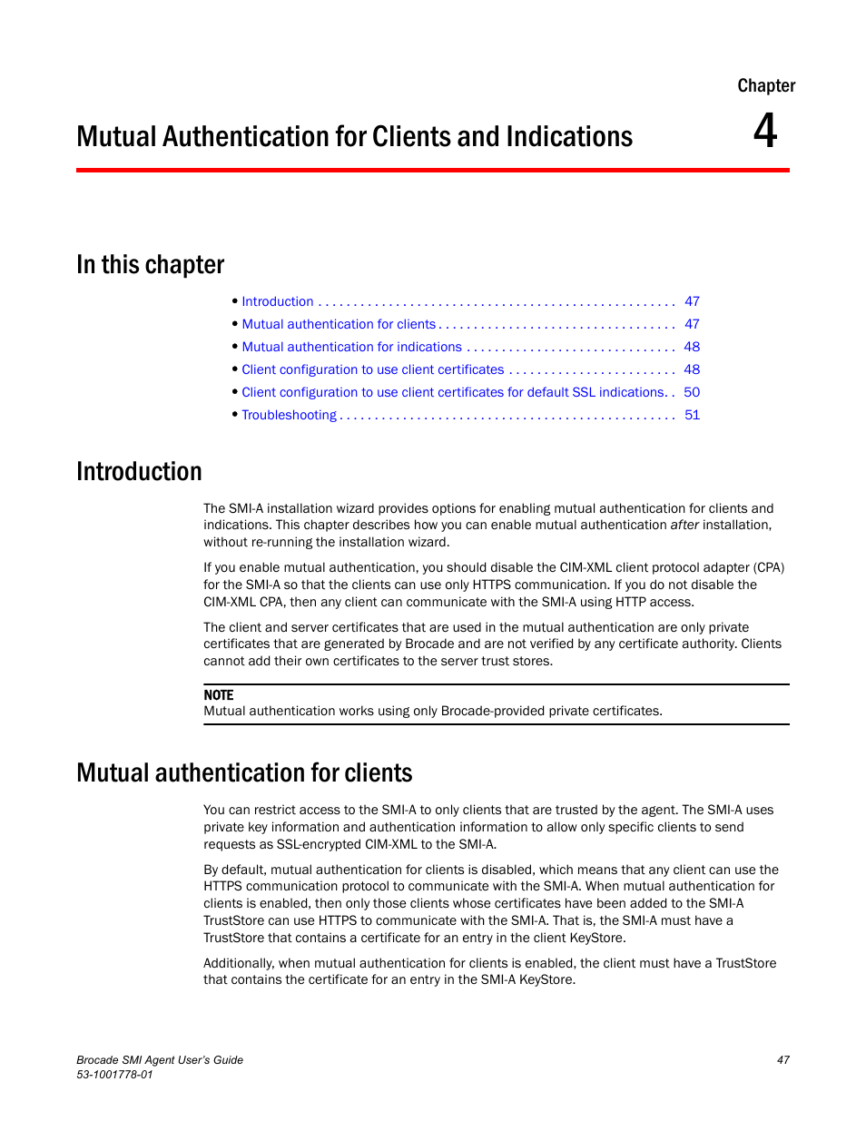 Mutual authentication for clients and indications, In this chapter, Introduction | Mutual authentication for clients, Chapter 4 | Brocade Communications Systems 53-1001778-01 User Manual | Page 63 / 90