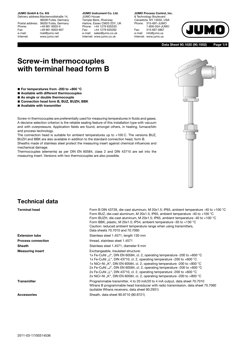 JUMO 901020 Screw-In Thermocouples with Terminal Head Form B Data Sheet User Manual | 4 pages