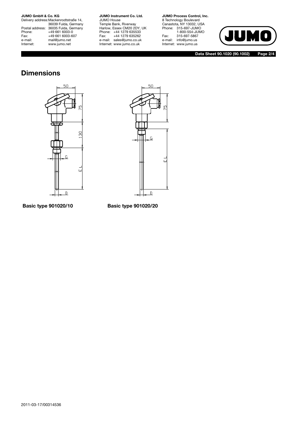Dimensions | JUMO 901020 Screw-In Thermocouples with Terminal Head Form B Data Sheet User Manual | Page 2 / 4