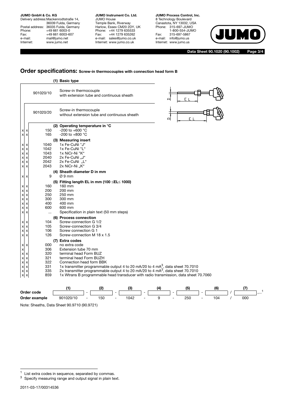 Order specifications | JUMO 901020 Screw-In Thermocouples with Terminal Head Form B Data Sheet User Manual | Page 3 / 4