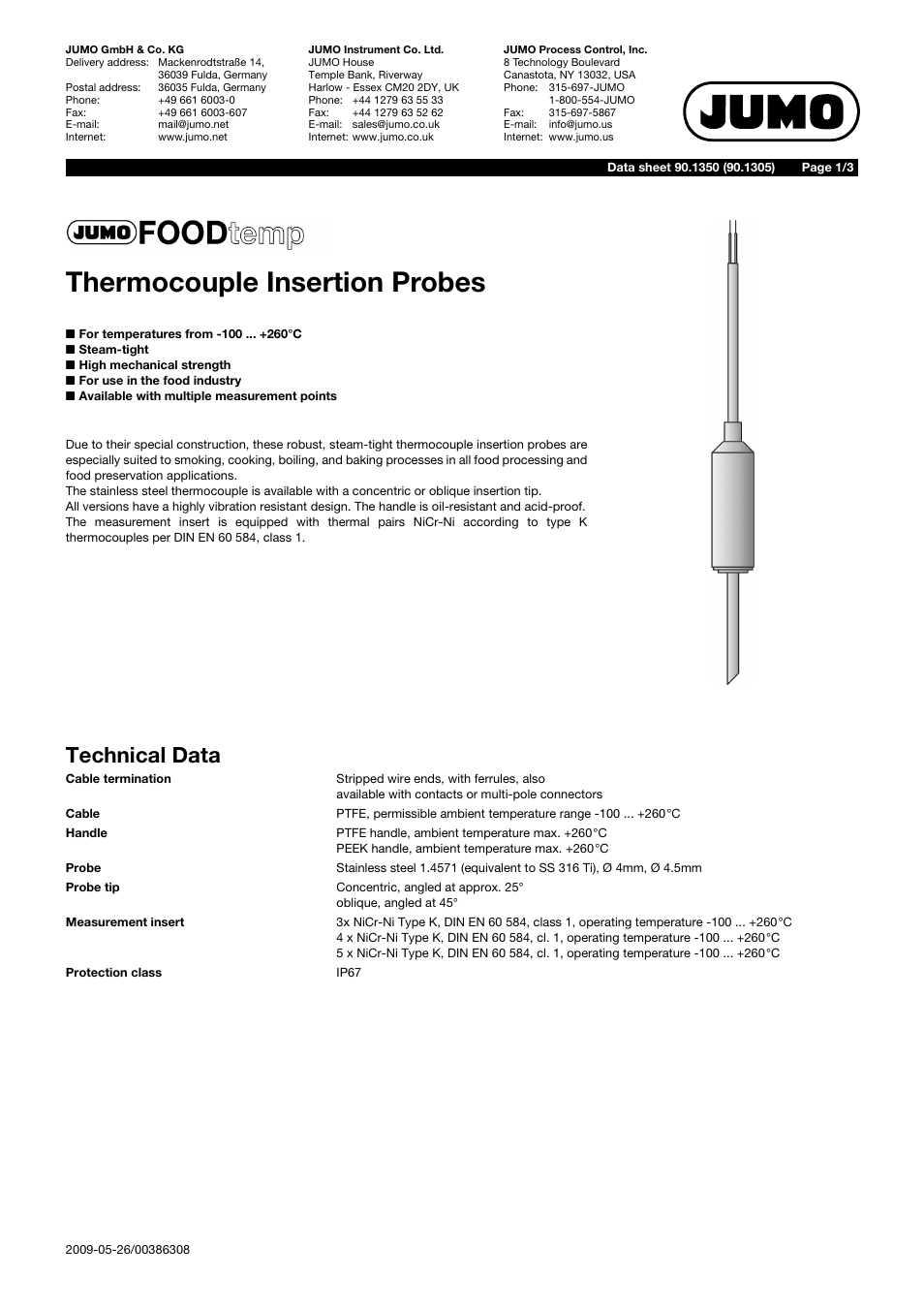 JUMO 901350 FOODtemp Insertion Thermocouples Data Sheet User Manual | 3 pages