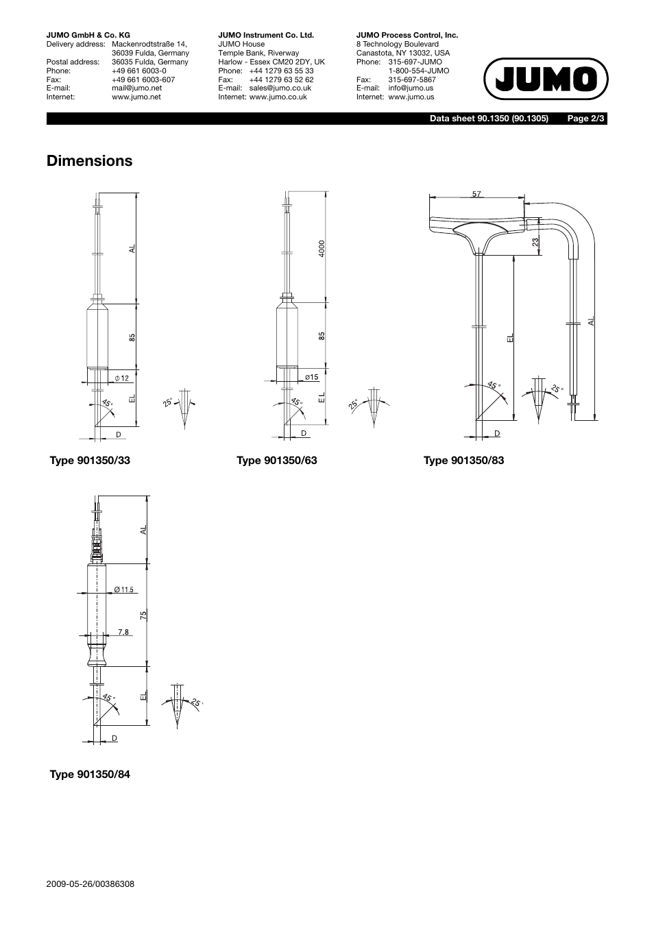 Dimensions | JUMO 901350 FOODtemp Insertion Thermocouples Data Sheet User Manual | Page 2 / 3