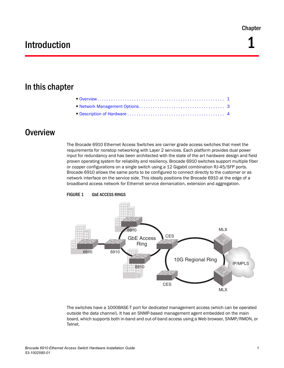 Introduction, Overview, Chapter 1 | Figure 1 | Brocade Communications Systems Brocade 6910 Ethernet Access Switch 53-1002580-01 User Manual | Page 15 / 82