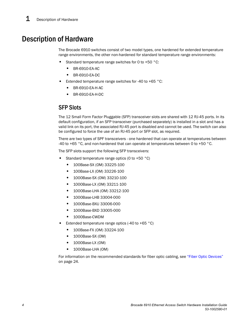 Description of hardware, Sfp slots | Brocade Communications Systems Brocade 6910 Ethernet Access Switch 53-1002580-01 User Manual | Page 18 / 82