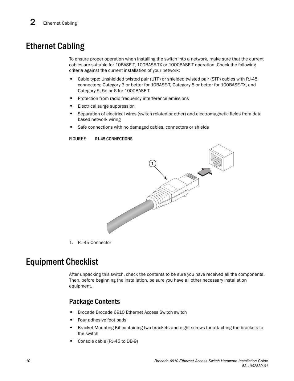 Ethernet cabling, Equipment checklist, Package contents | Figure 9, Rj-45 | Brocade Communications Systems Brocade 6910 Ethernet Access Switch 53-1002580-01 User Manual | Page 24 / 82