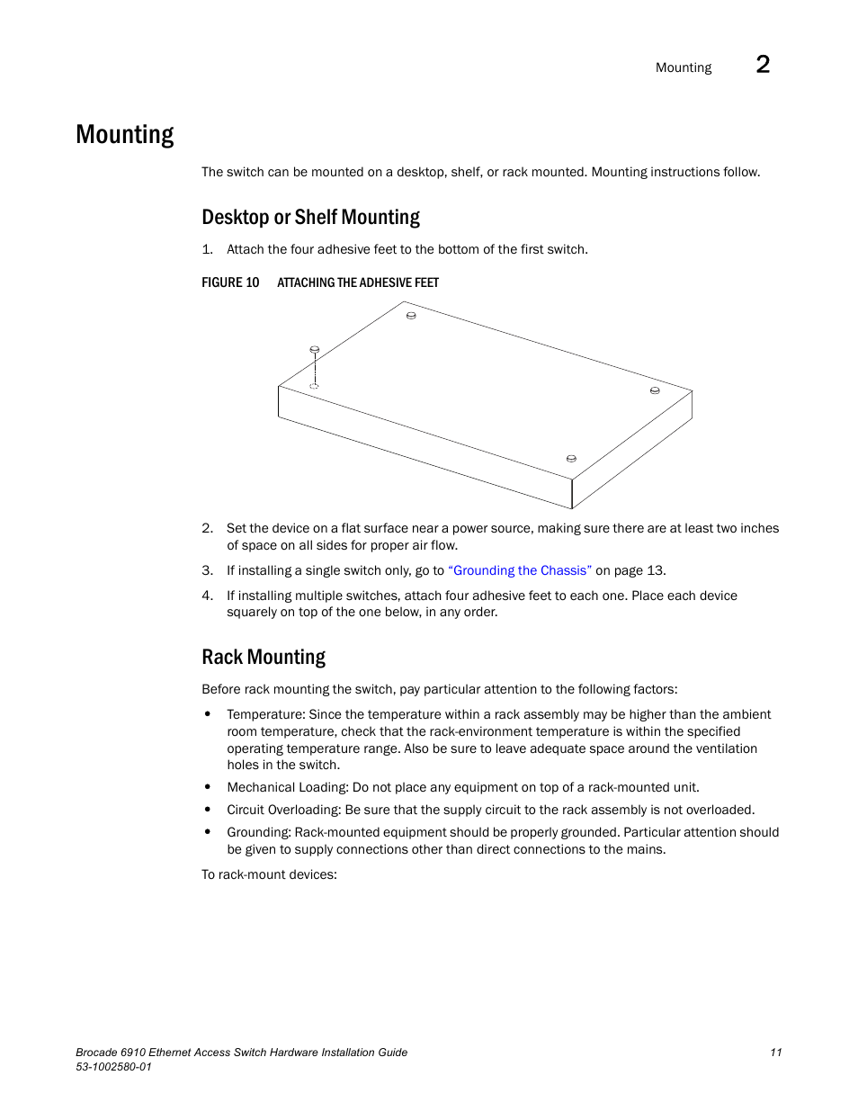 Mounting, Desktop or shelf mounting, Rack mounting | Figure 10 | Brocade Communications Systems Brocade 6910 Ethernet Access Switch 53-1002580-01 User Manual | Page 25 / 82