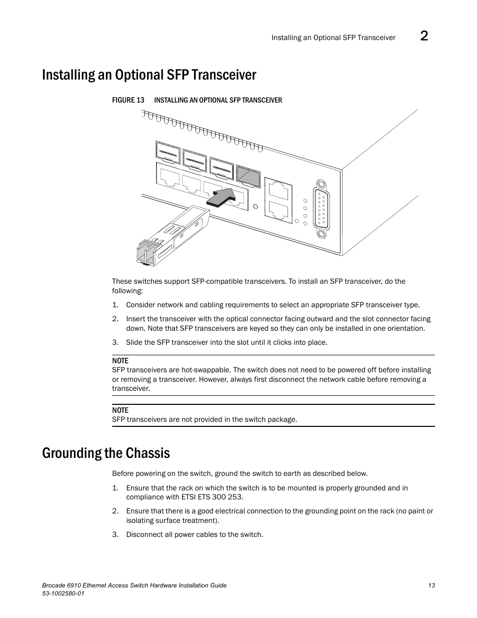 Installing an optional sfp transceiver, Grounding the chassis, Figure 13 | Brocade Communications Systems Brocade 6910 Ethernet Access Switch 53-1002580-01 User Manual | Page 27 / 82