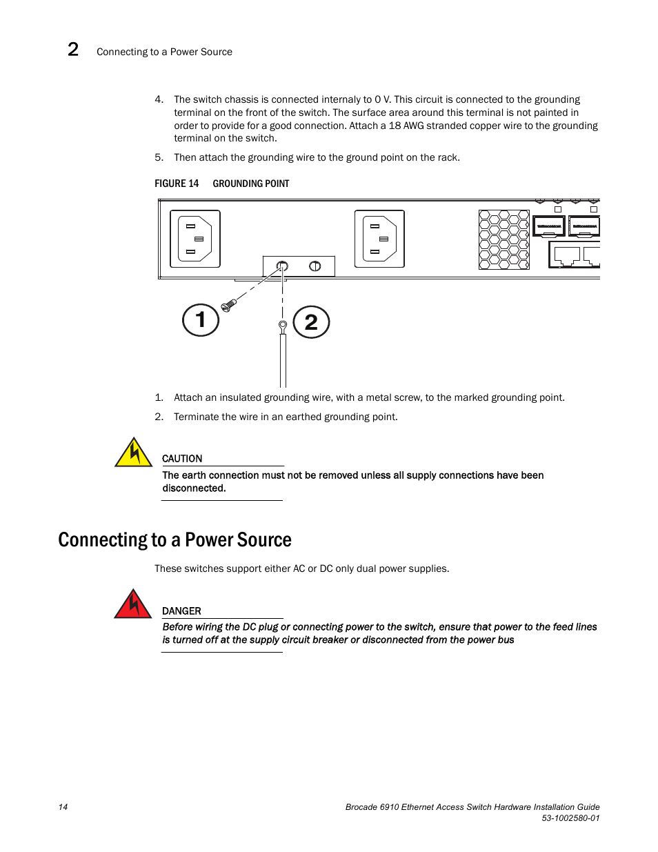 Connecting to a power source, Figure 14 | Brocade Communications Systems Brocade 6910 Ethernet Access Switch 53-1002580-01 User Manual | Page 28 / 82