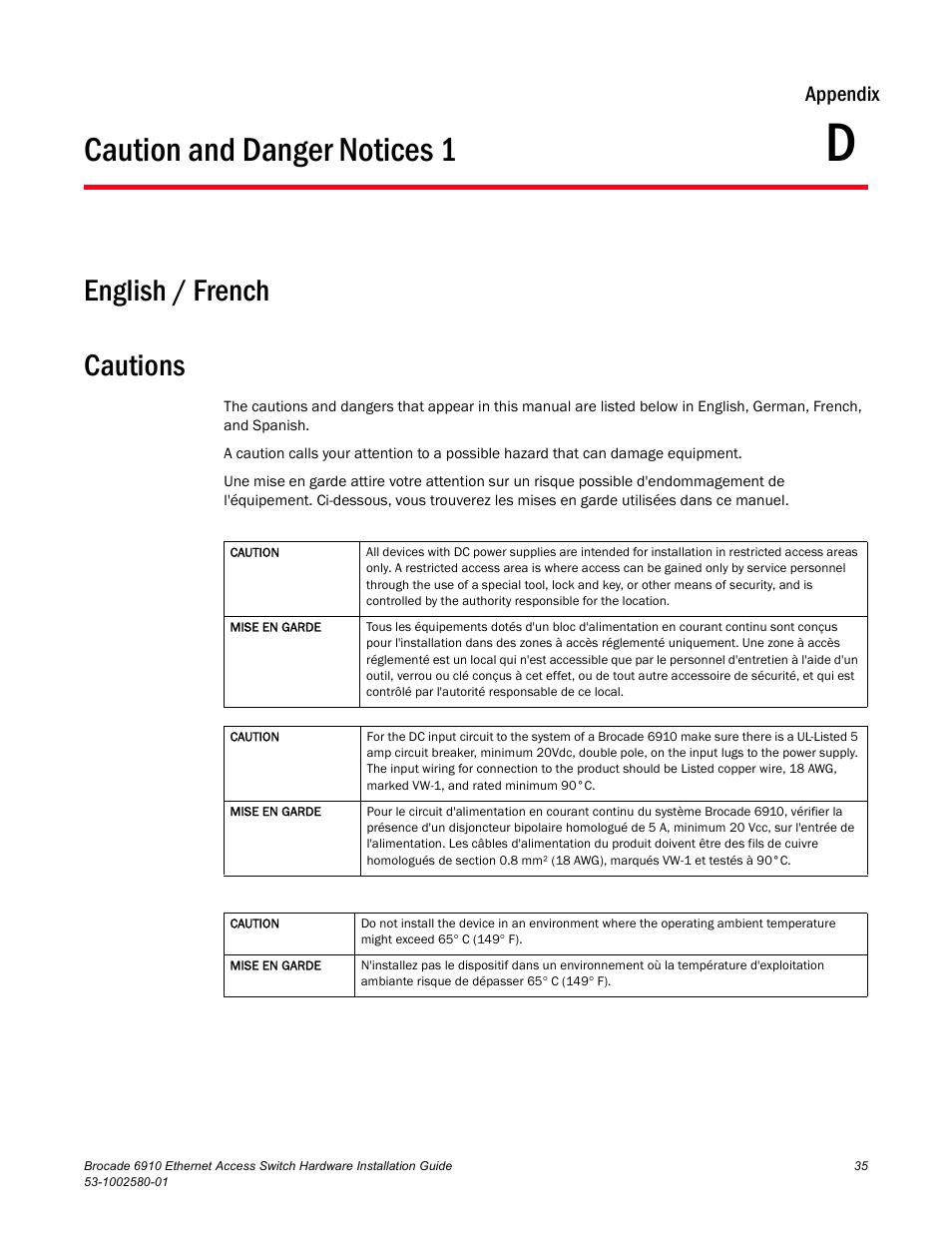 Caution and danger notices 1, English / french, Cautions | Appendix d, English / french cautions, Appendix | Brocade Communications Systems Brocade 6910 Ethernet Access Switch 53-1002580-01 User Manual | Page 49 / 82