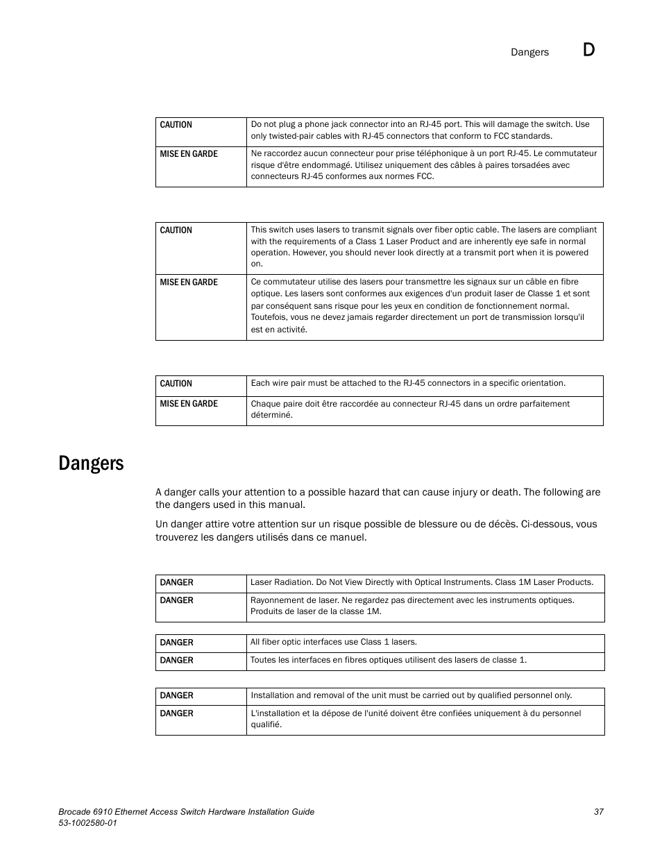 Dangers | Brocade Communications Systems Brocade 6910 Ethernet Access Switch 53-1002580-01 User Manual | Page 51 / 82