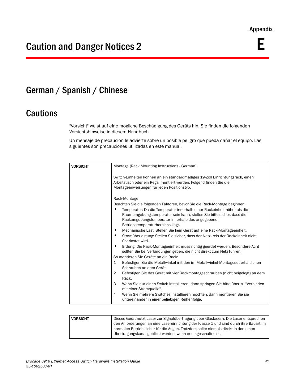 Caution and danger notices 2, German / spanish / chinese, Cautions | Appendix e, German / spanish / chinese cautions, Appendix | Brocade Communications Systems Brocade 6910 Ethernet Access Switch 53-1002580-01 User Manual | Page 55 / 82