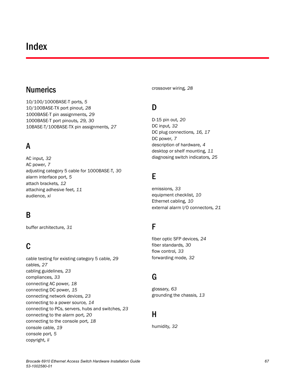 Index, Numerics | Brocade Communications Systems Brocade 6910 Ethernet Access Switch 53-1002580-01 User Manual | Page 81 / 82