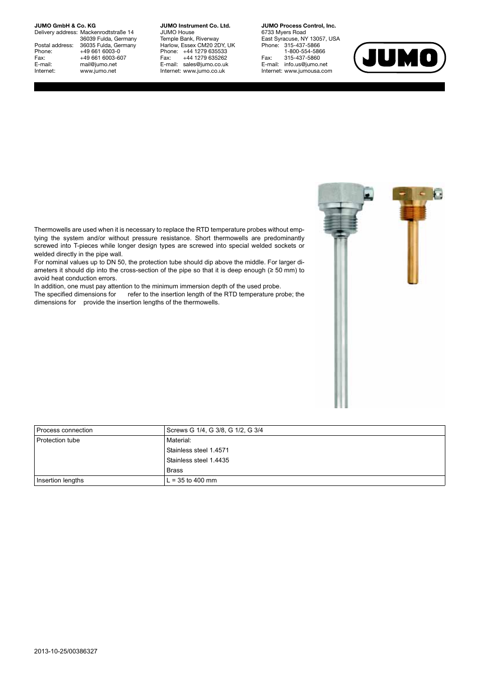 JUMO 902440 Thermowells for Heat Meter Temperature Probes Data Sheet User Manual | 4 pages