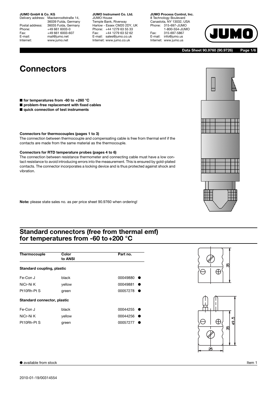 JUMO 909760 Connectors for Thermocouples Data Sheet User Manual | 6 pages