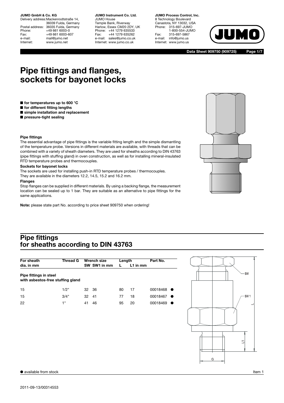 JUMO 909750 Pipe Screw Connections Data Sheet User Manual | 7 pages