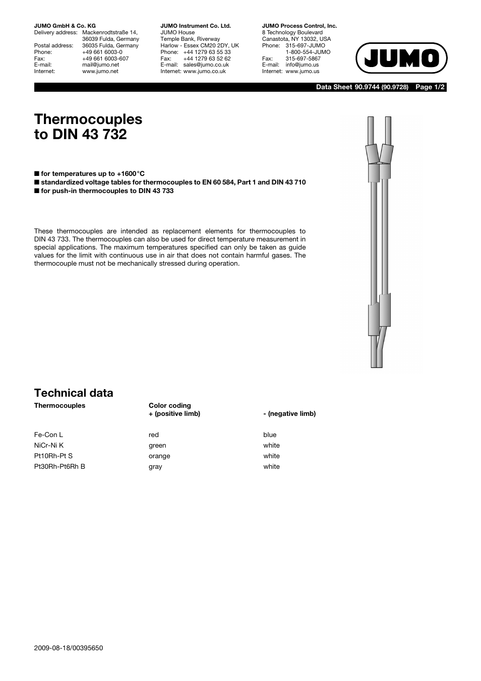 JUMO 909744 Thermopairs According to DIN 43 732 Data Sheet User Manual | 2 pages