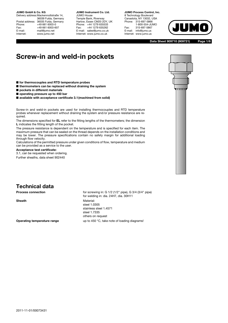 JUMO 909710 Screw-In Thermowells Data Sheet User Manual | 6 pages