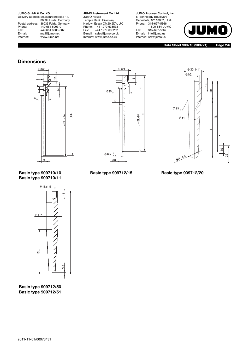 Dimensions | JUMO 909710 Screw-In Thermowells Data Sheet User Manual | Page 2 / 6