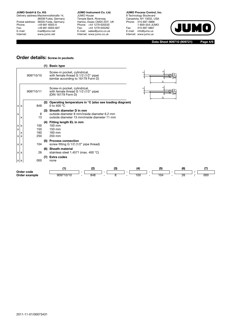 Order details | JUMO 909710 Screw-In Thermowells Data Sheet User Manual | Page 4 / 6