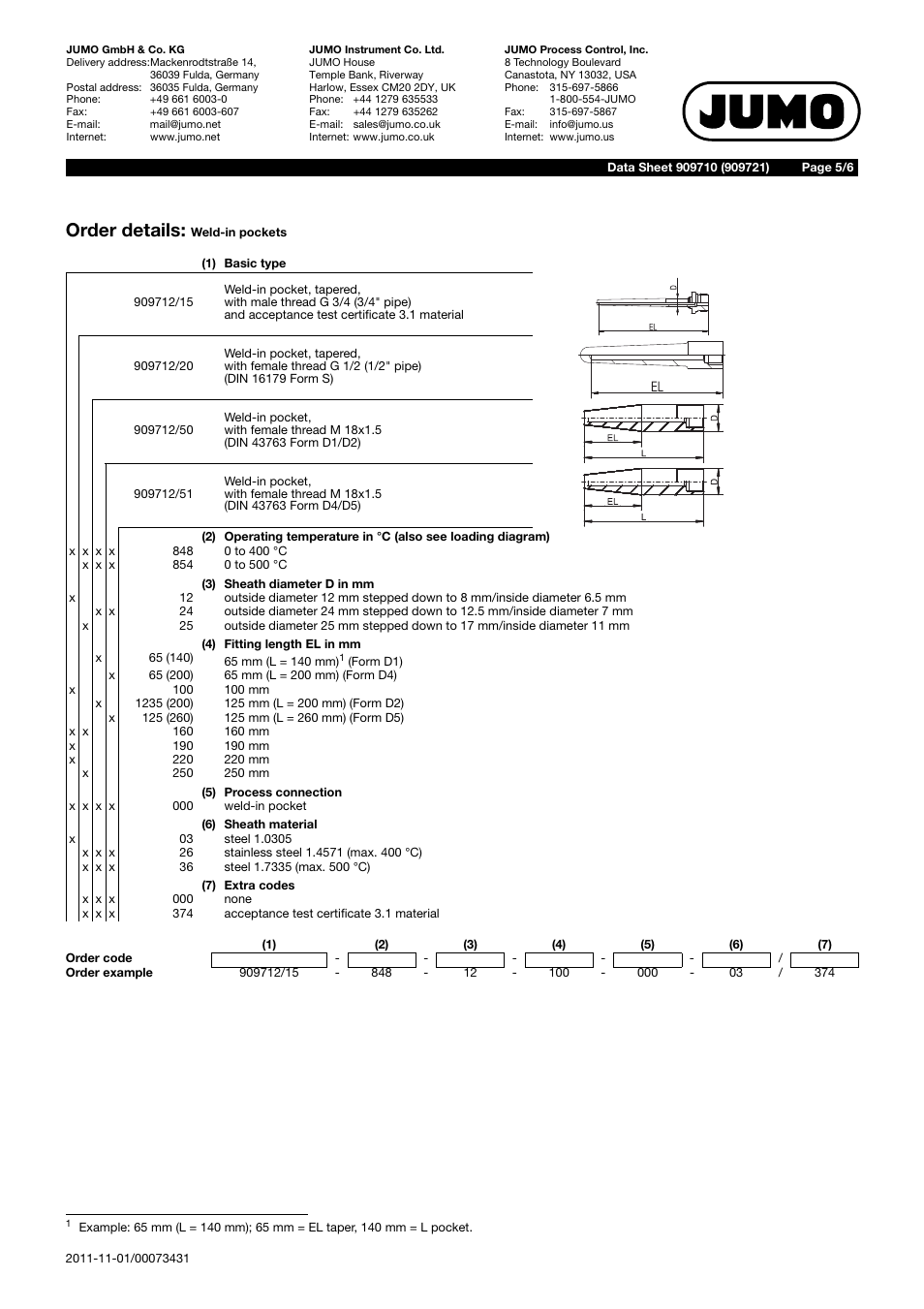 Order details | JUMO 909710 Screw-In Thermowells Data Sheet User Manual | Page 5 / 6
