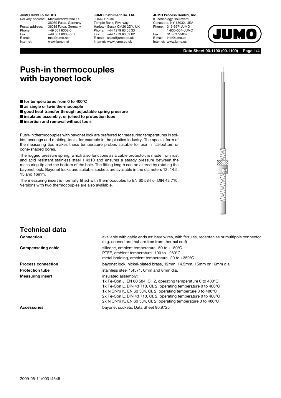 JUMO 901190 Push-In Thermocouples with Bayonet Connection Data Sheet User Manual | 4 pages