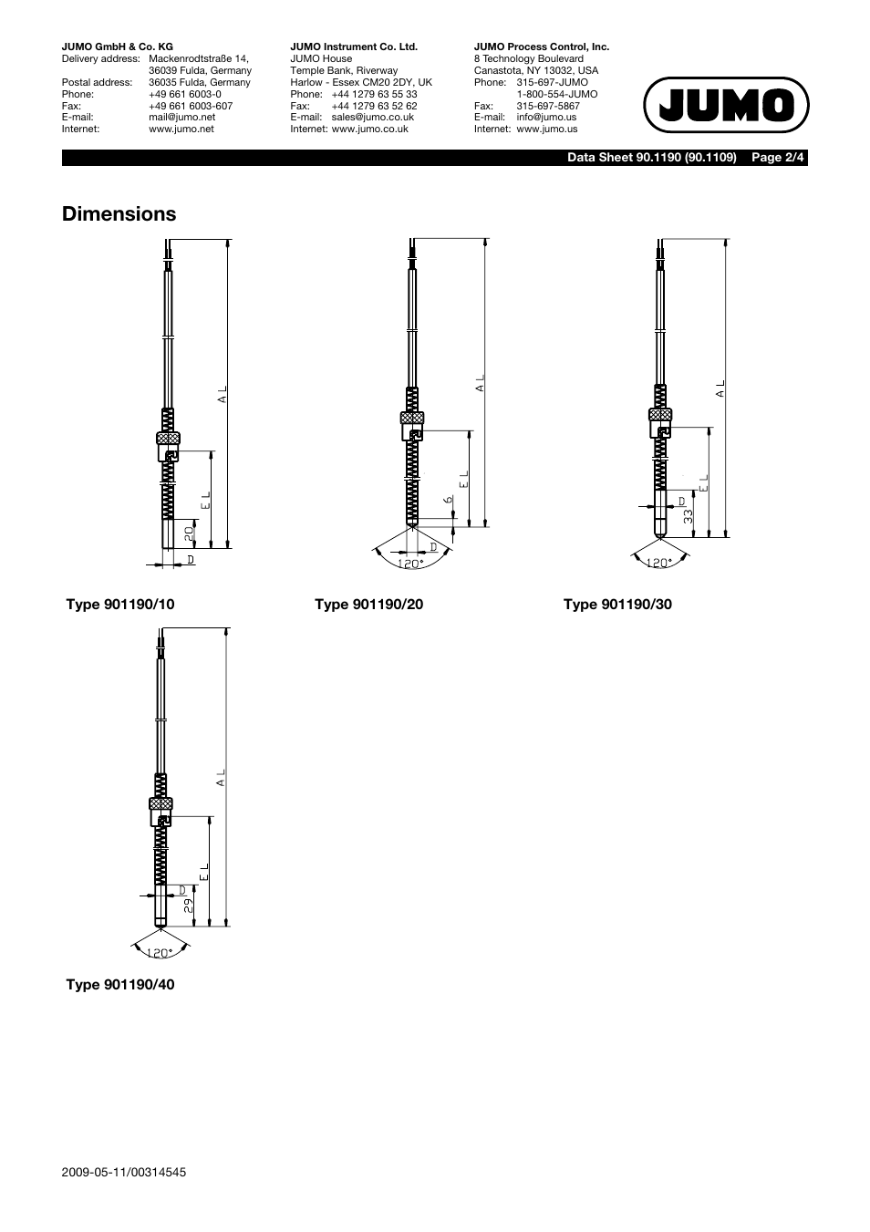 Dimensions | JUMO 901190 Push-In Thermocouples with Bayonet Connection Data Sheet User Manual | Page 2 / 4