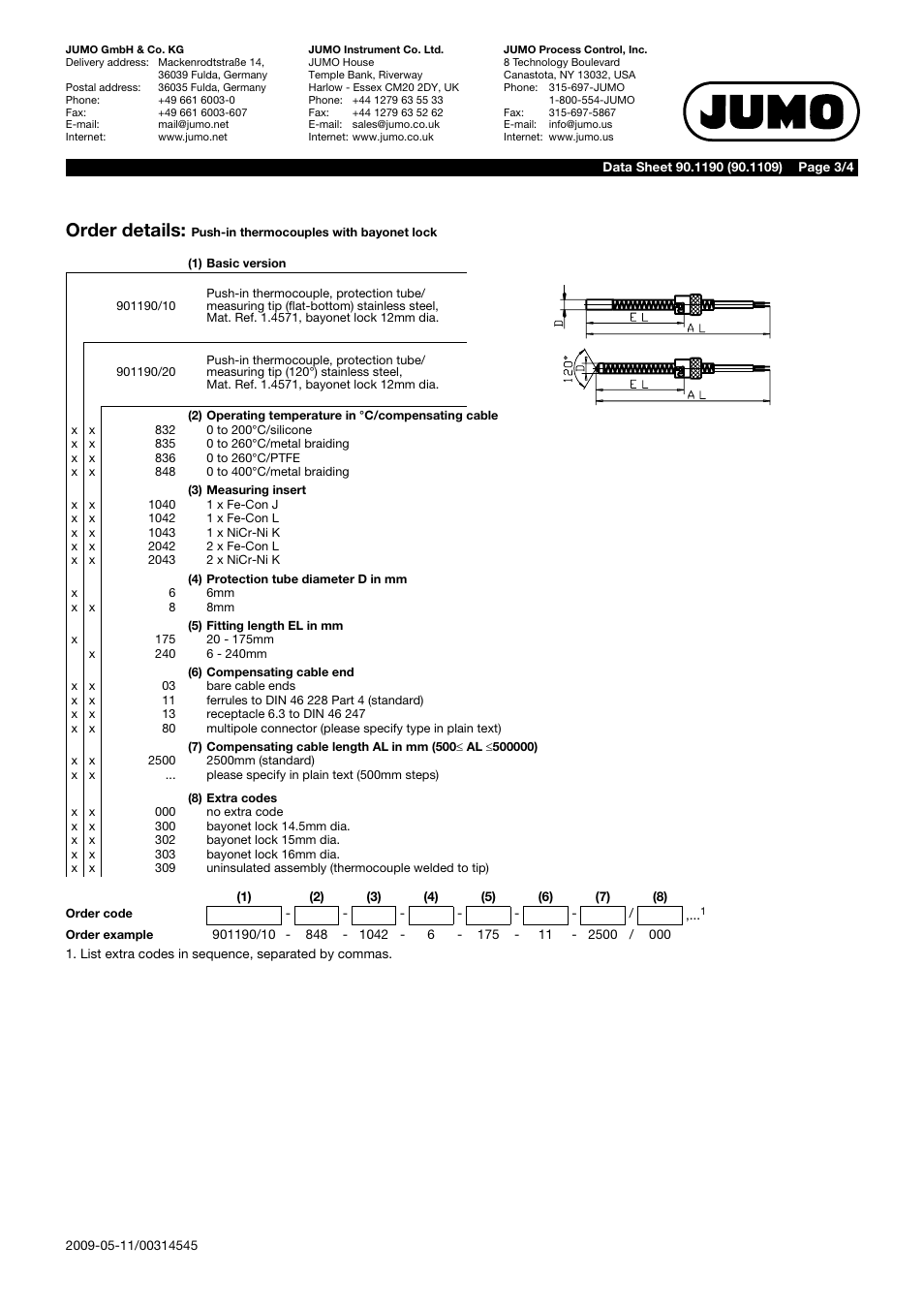 Order details | JUMO 901190 Push-In Thermocouples with Bayonet Connection Data Sheet User Manual | Page 3 / 4