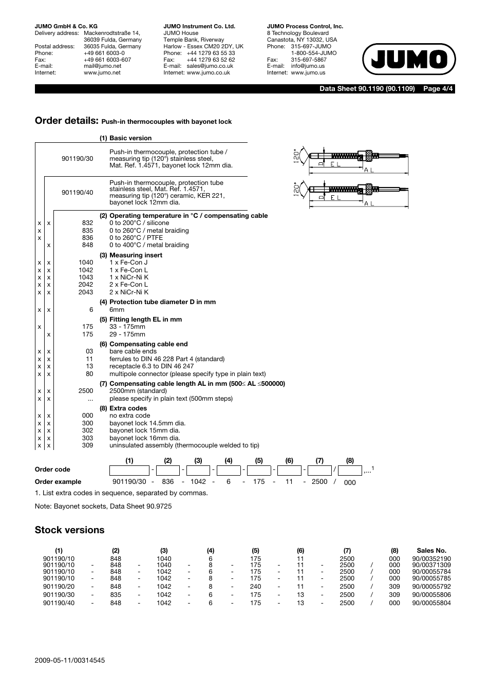 Order details, Stock versions | JUMO 901190 Push-In Thermocouples with Bayonet Connection Data Sheet User Manual | Page 4 / 4