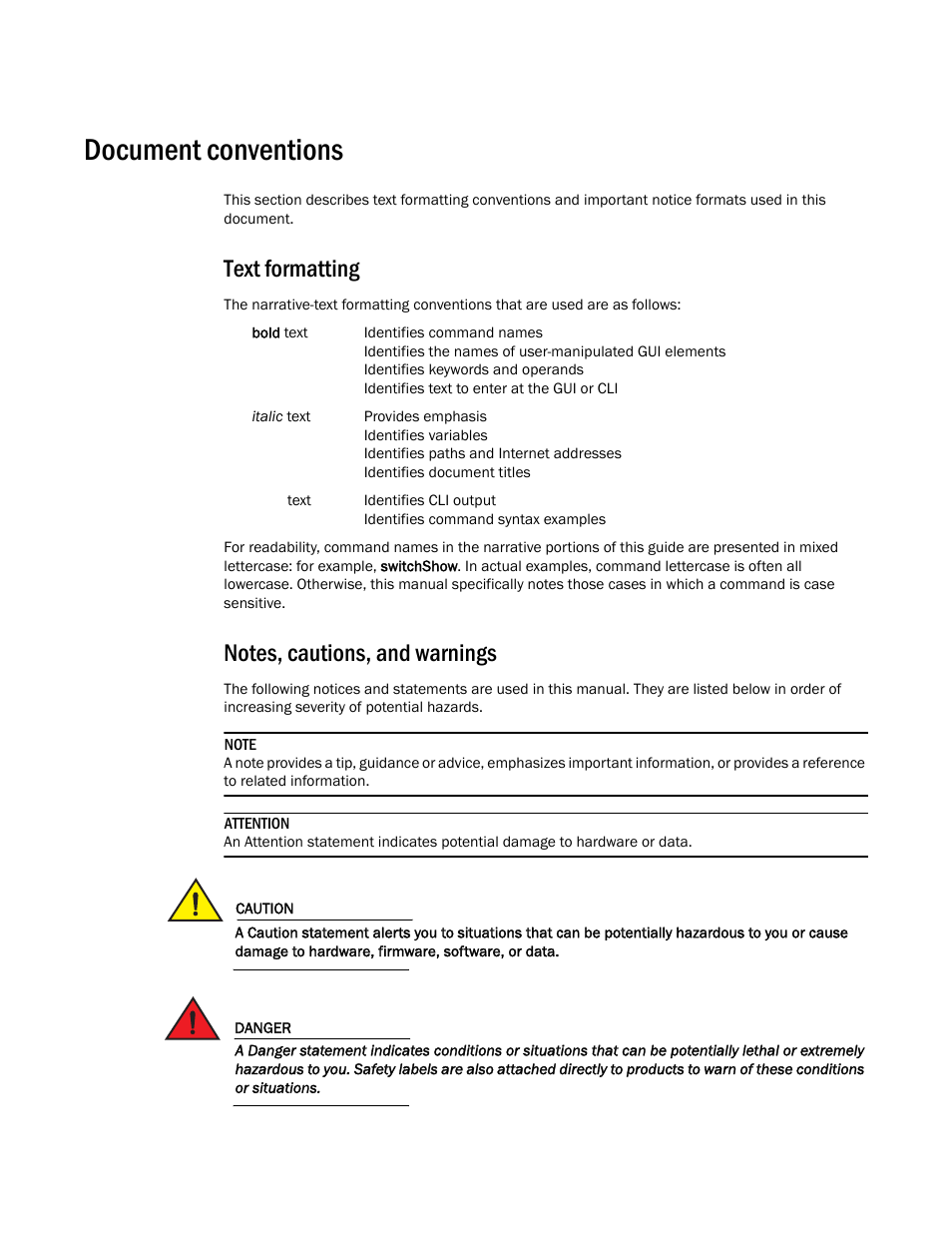 Document conventions, Text formatting, Notes, cautions, and warnings | Brocade Communications Systems 415 User Manual | Page 10 / 186