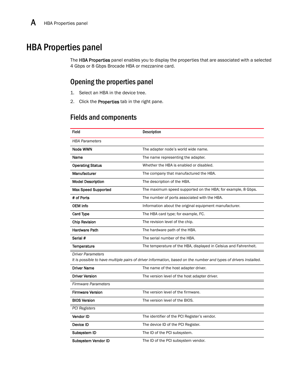 Hba properties panel, Opening the properties panel, Fields and components | Brocade Communications Systems 415 User Manual | Page 100 / 186