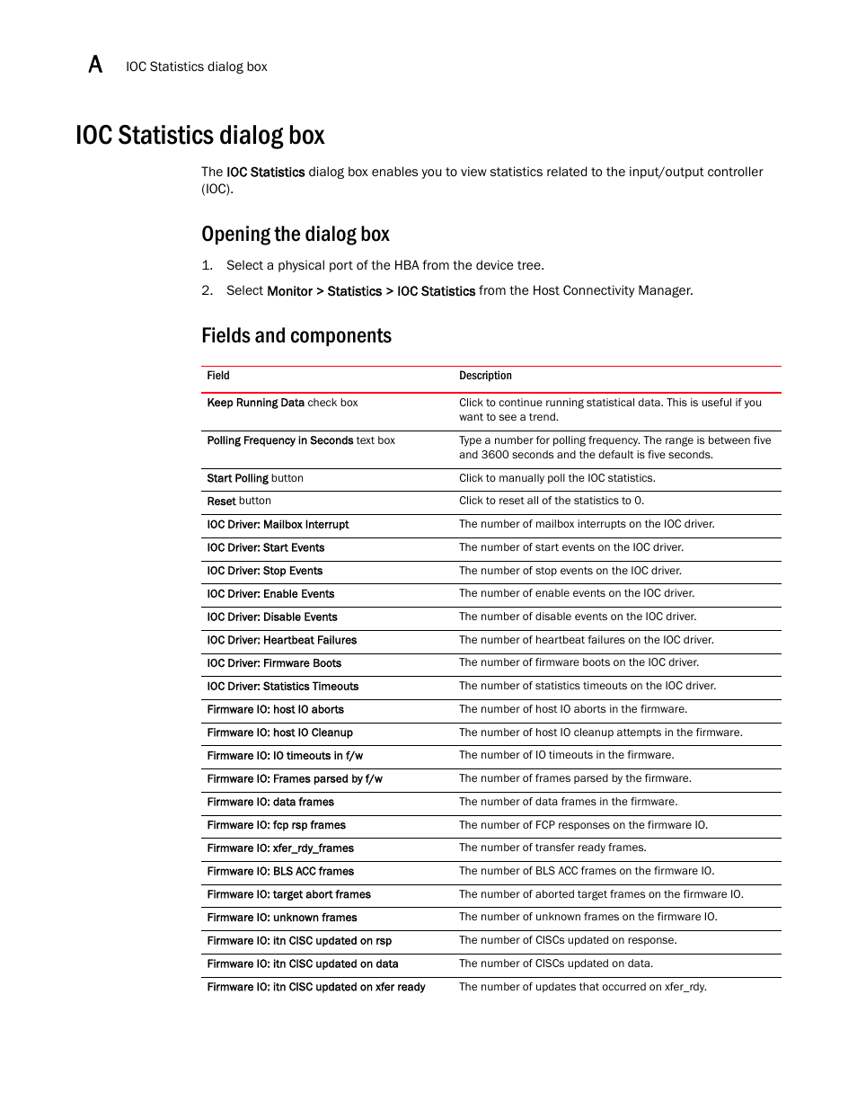 Ioc statistics dialog box, Opening the dialog box, Fields and components | Brocade Communications Systems 415 User Manual | Page 102 / 186