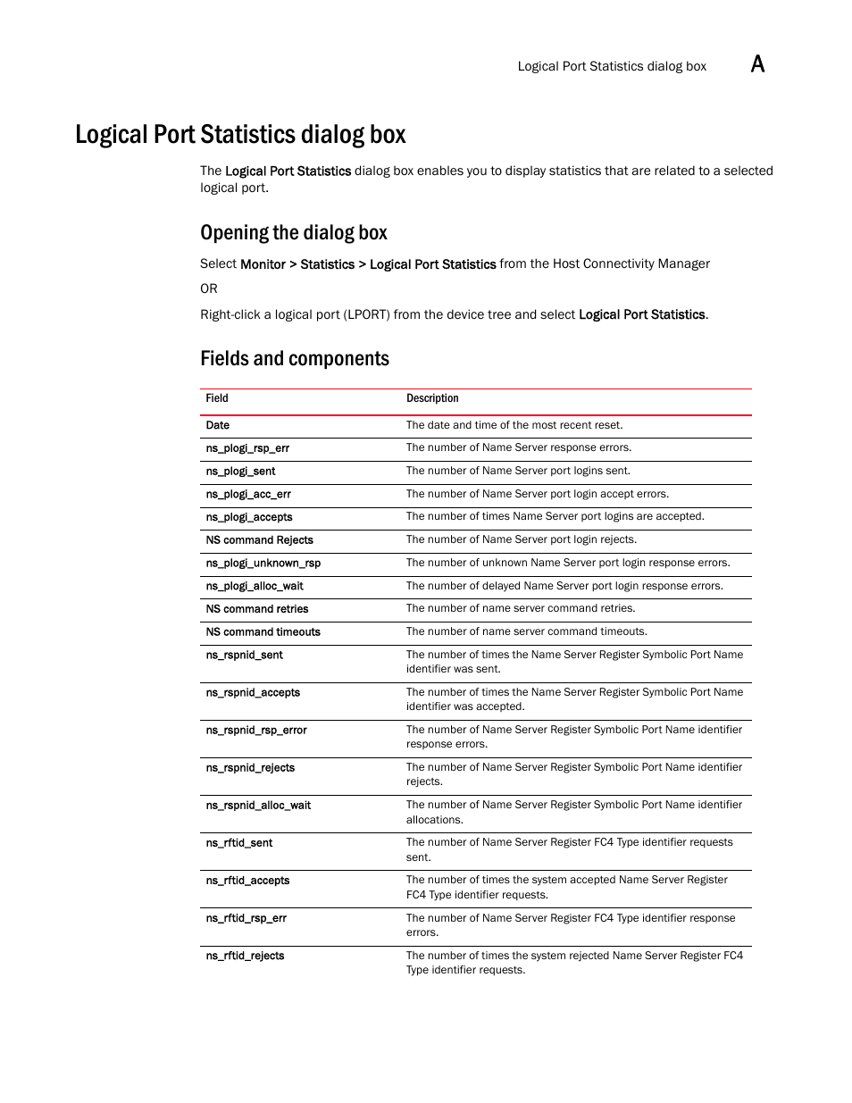 Logical port statistics dialog box, Opening the dialog box, Fields and components | Brocade Communications Systems 415 User Manual | Page 107 / 186