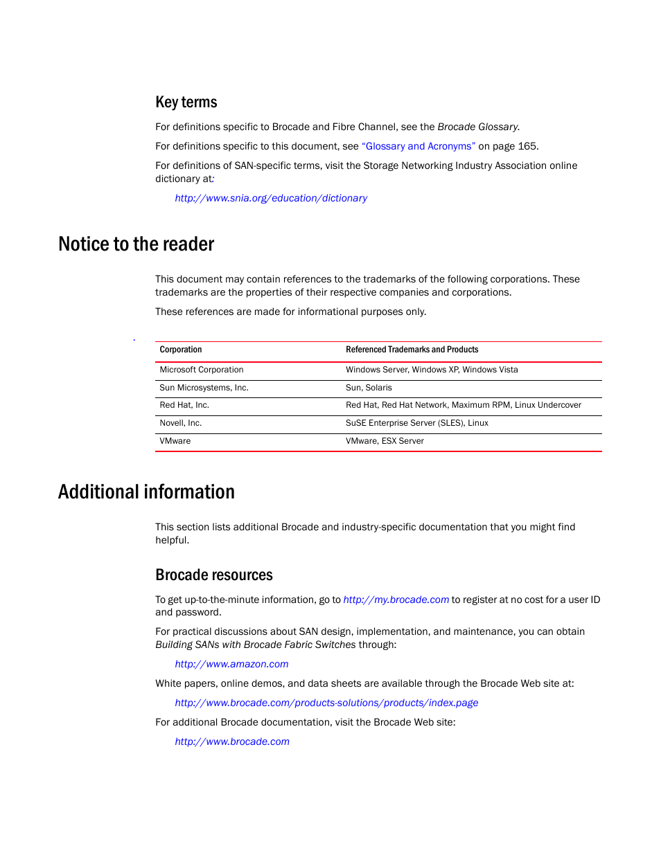 Key terms, Notice to the reader, Additional information | Brocade resources | Brocade Communications Systems 415 User Manual | Page 11 / 186