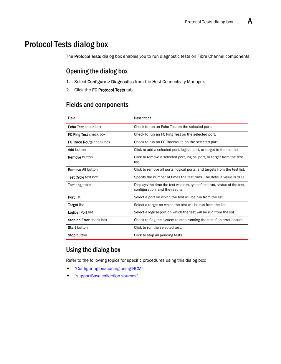 Protocol tests dialog box, Opening the dialog box, Fields and components using the dialog box | Brocade Communications Systems 415 User Manual | Page 117 / 186