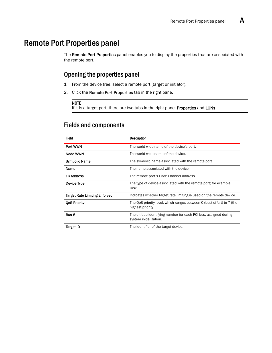 Remote port properties panel, Opening the properties panel, Fields and components | Brocade Communications Systems 415 User Manual | Page 119 / 186